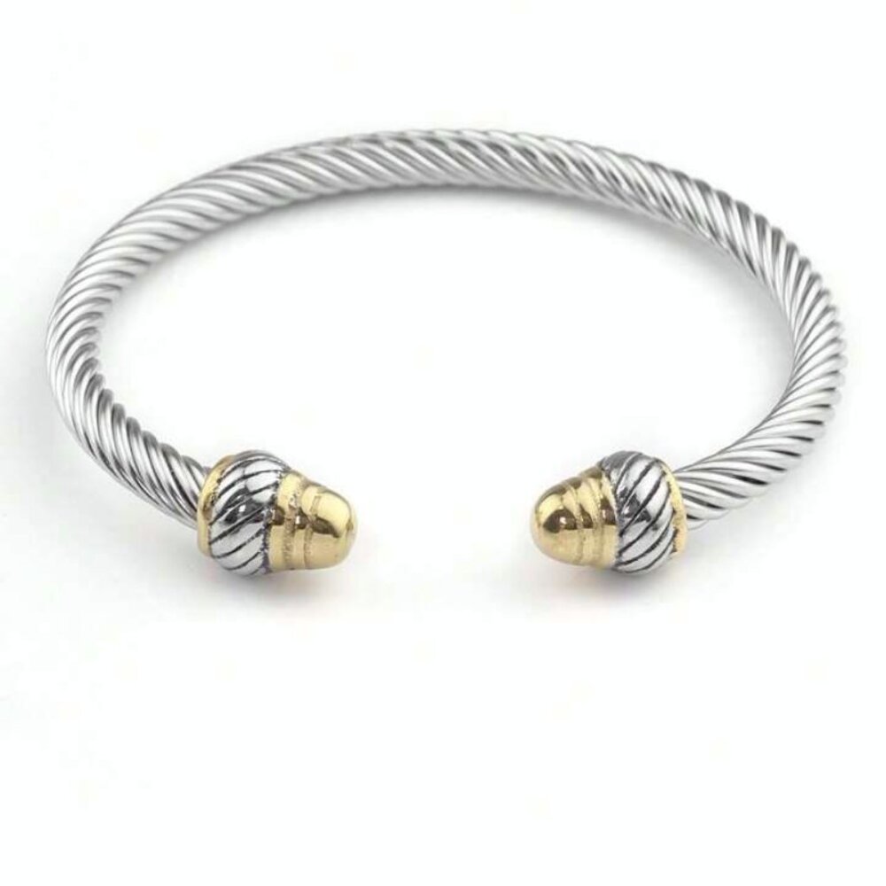 Silver Twisted Cable Two Tone Womens Bangle Bracelet One Size